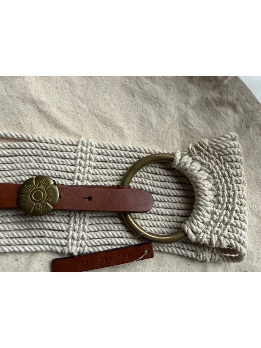 Wide Cream Rope Belt with Brass Rings and Brown Leather Strap